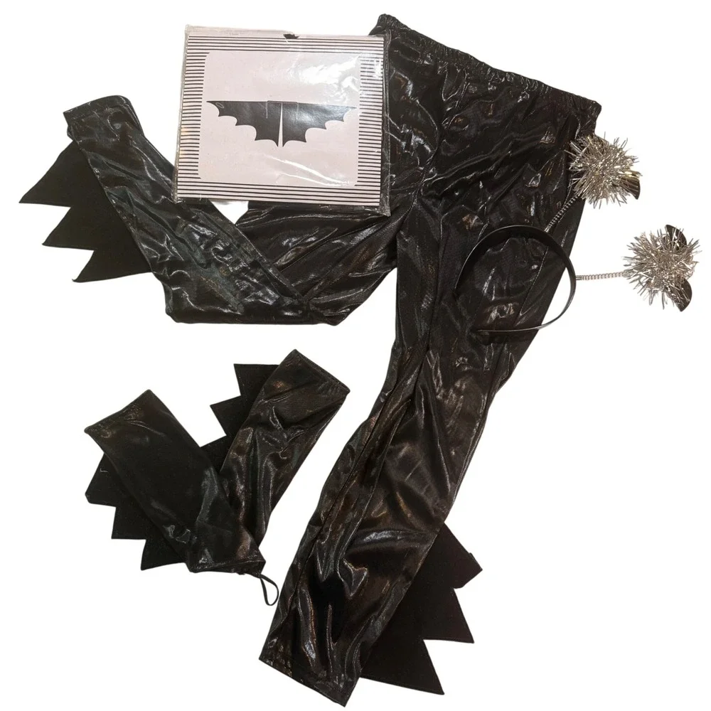 Wishcraft Bat Costume Kids 10 Black Leggings Wings Headband Set Halloween Goth
